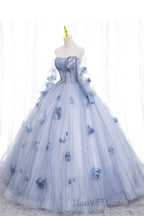 Blue Long Sleeves Tulle Prom Dress with Flowers, Puffy Off the Shoulder Quinceanera Dresses