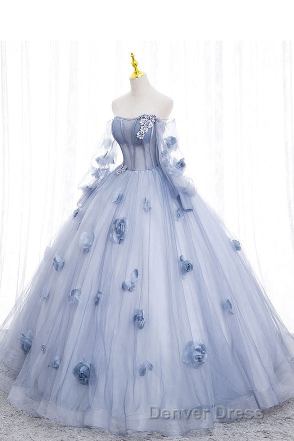 Blue Long Sleeves Tulle Prom Dress with Flowers, Puffy Off the Shoulder Quinceanera Dresses