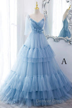 A Line V Neck New Style Tiered Long Tulle Prom Dresses, Evening Gown with Flower
