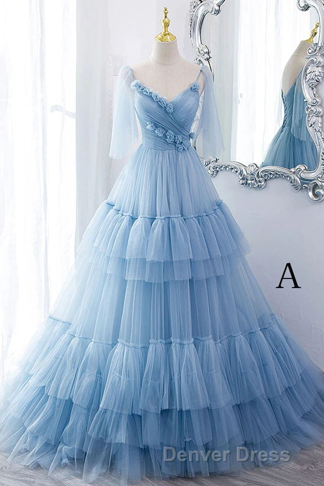 A Line V Neck New Style Tiered Long Tulle Prom Dresses, Prom Gowns with Flower