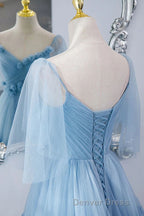 A Line V Neck New Style Tiered Long Tulle Prom Dresses, Evening Gown with Flower