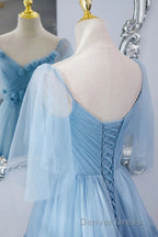 A Line V Neck New Style Tiered Long Tulle Prom Dresses, Prom Gowns with Flower