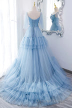 A Line V Neck New Style Tiered Long Tulle Prom Dresses, Evening Gown with Flower