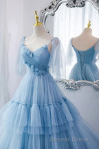 A Line V Neck New Style Tiered Long Tulle Prom Dresses, Evening Gown with Flower