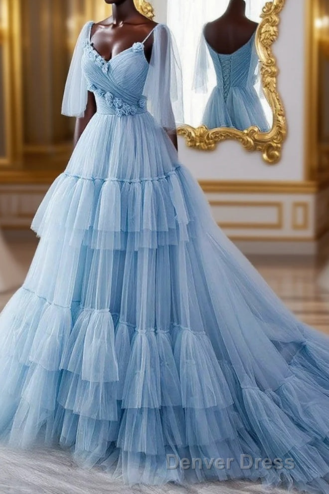 A Line V Neck New Style Tiered Long Tulle Prom Dresses, Evening Gown with Flower Main image