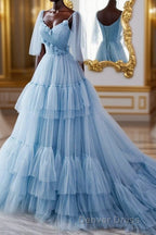 A Line V Neck New Style Tiered Long Tulle Prom Dresses, Evening Gown with Flower