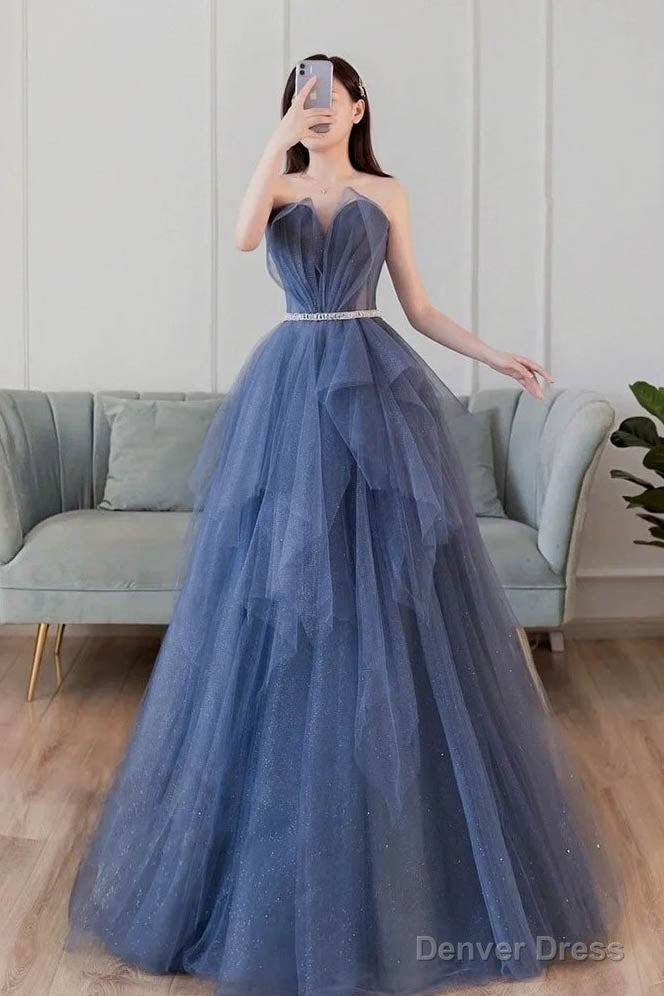 Blue Sweetheart Sleeveless Floor Length Sparkly Evening Prom Dresses with Belt Main image