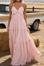 Blush A-line V Neck Sleeveless Floor-Length Chiffon Prom Dress Long Prom Dresses Backless with Pleated Ruffles