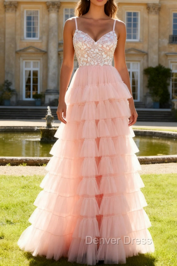 Blush Pink A Line Corset Sequins Tiered Ruffle Long Prom Dress with Appliques Main image