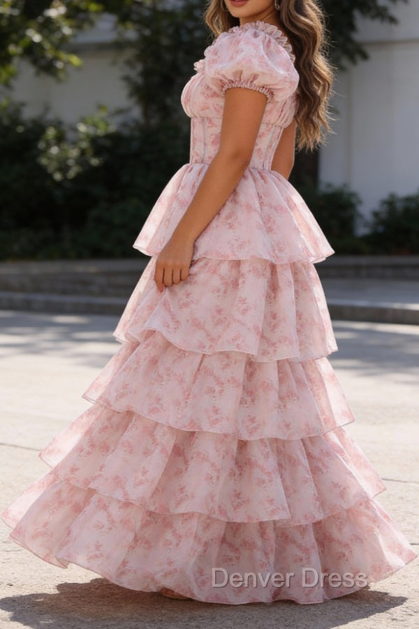 Blush Pink A Line Square Neck Tiered Prom Dresses with Ruffles