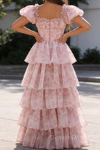 Blush Pink A Line Square Neck Tiered Prom Dresses with Ruffles