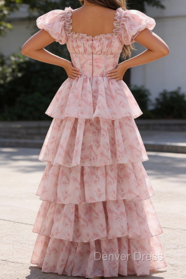 Blush Pink A Line Square Neck Tiered Prom Dresses with Ruffles