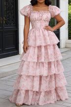 Blush Pink A Line Square Neck Tiered Prom Dresses with Ruffles