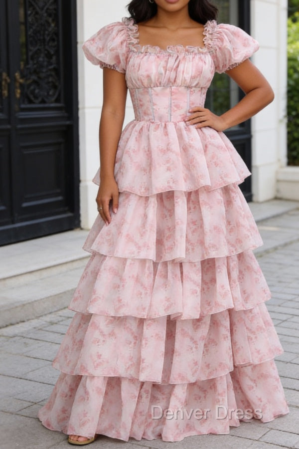 Blush Pink A Line Square Neck Tiered Prom Dresses with Ruffles