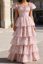 Blush Pink A Line Square Neck Tiered Prom Dresses with Ruffles
