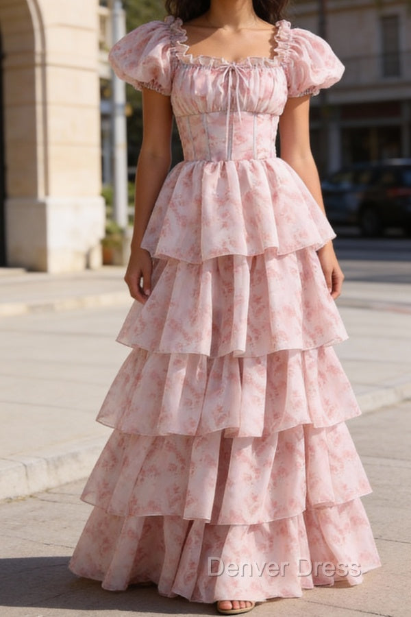 Blush Pink A Line Square Neck Tiered Prom Dresses with Ruffles