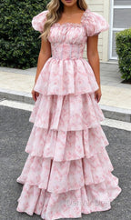 Blush Pink A Line Square Neck Tiered Prom Dresses with Ruffles
