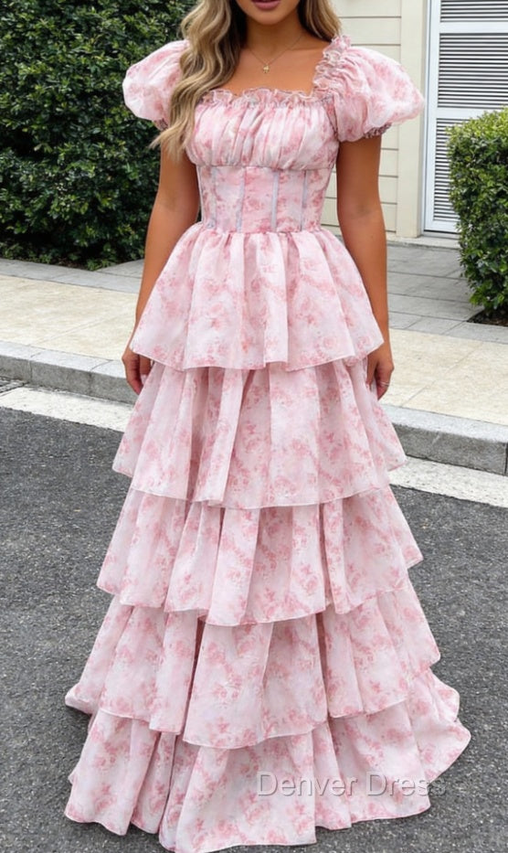 Blush Pink A Line Square Neck Tiered Prom Dresses with Ruffles