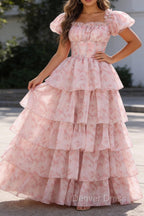 Blush Pink A Line Square Neck Tiered Prom Dresses with Ruffles