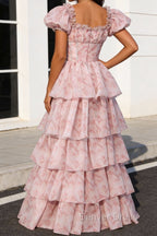 Blush Pink A Line Square Neck Tiered Prom Dresses With Slit