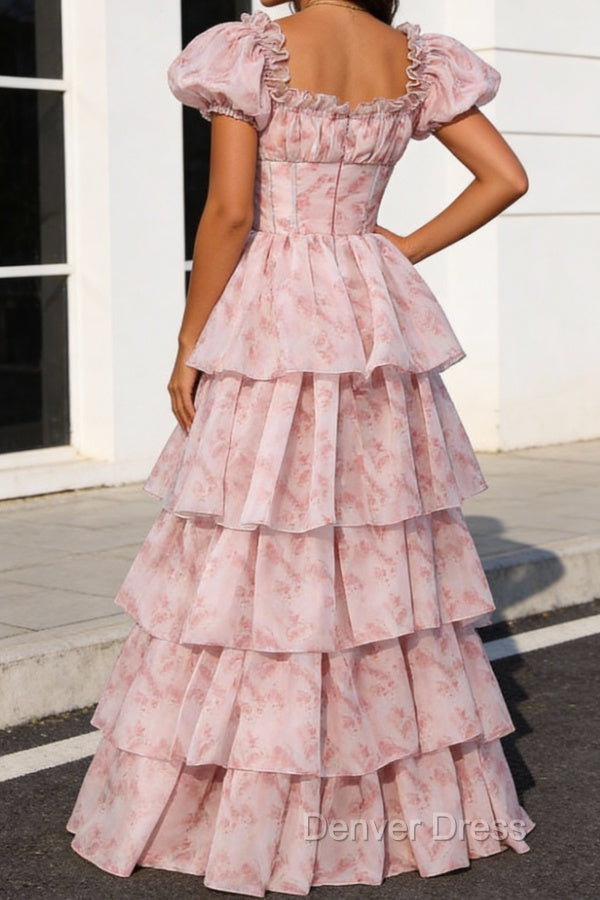 Blush Pink A Line Square Neck Tiered Prom Dresses With Slit