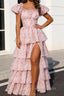 Blush Pink A Line Square Neck Tiered Prom Dresses With Slit