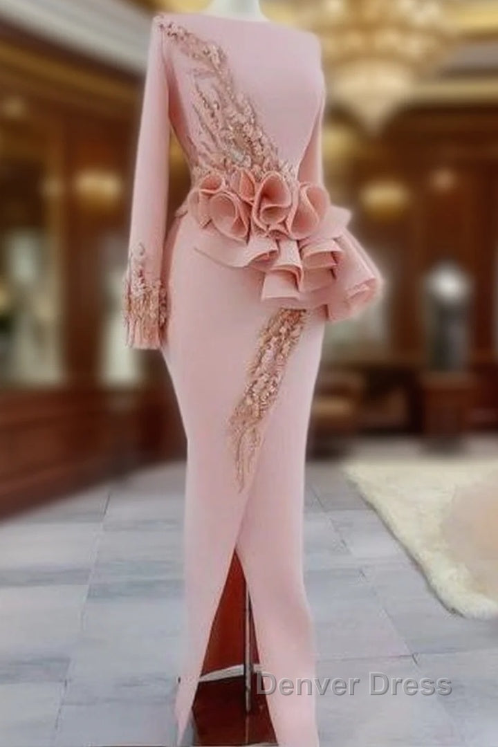 Blush Pink Aso Ebi Evening Dresses Long Sleeves Peplum Beads Appliques Pearls Side Split Mermaid Prom Dresses Main image