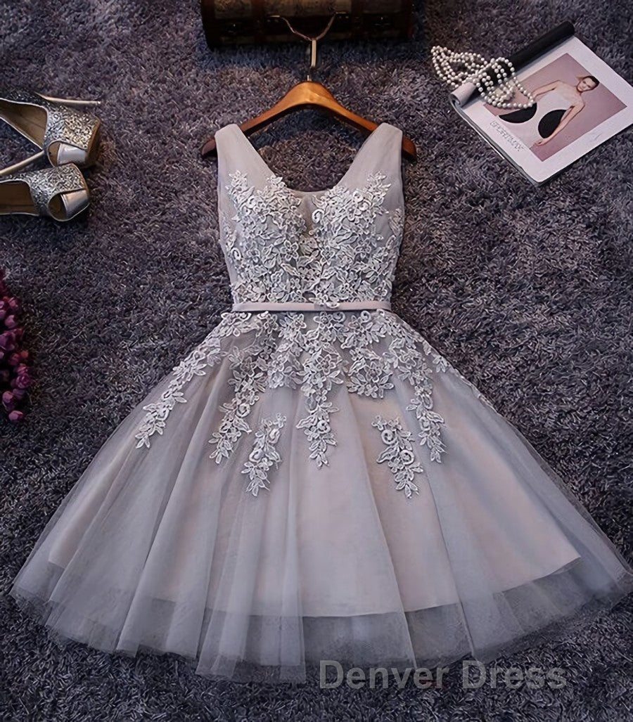 Blush Pink Lace Appliqued Tulle Homecoming Dress,Prom Dresses