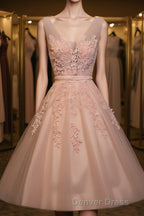 Blush Pink Lace Appliqued Tulle Homecoming Dress,Prom Dresses