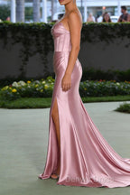 Blush Pink Mermaid Strapless Pleated Corset Long Prom Dresses with Slit