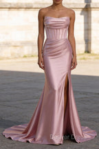 Blush Pink Mermaid Strapless Pleated Corset Long Prom Dresses with Slit