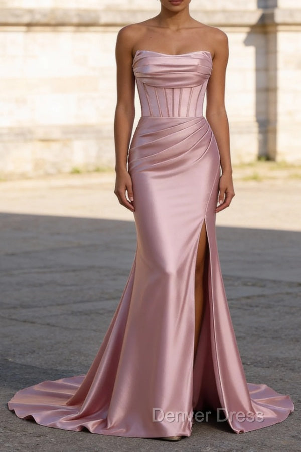 Blush Pink Mermaid Strapless Pleated Corset Long Prom Dresses with Slit