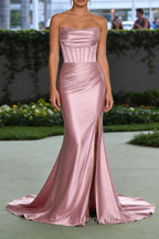 Blush Pink Mermaid Strapless Pleated Corset Long Prom Dresses with Slit
