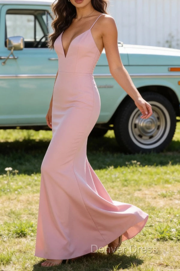 Blush Pink V Neck Spaghetti Straps Long Prom Dresses Secondary image