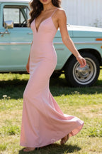Blush Pink V Neck Spaghetti Straps Long Prom Dresses