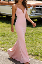 Blush Pink V Neck Spaghetti Straps Long Prom Dresses