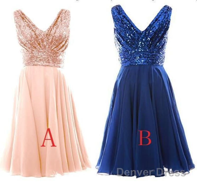 Blush Pink V Sleeveless Chiffon Short Bridesmaid Dress With Rose Gold Sequins Prom Gown Secondary image