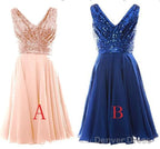 Blush Pink V Sleeveless Chiffon Short Bridesmaid Dress With Rose Gold Sequins Prom Gown