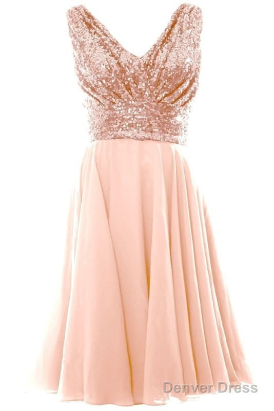 Blush Pink V Sleeveless Chiffon Short Bridesmaid Dress With Rose Gold Sequins Prom Gown Main image