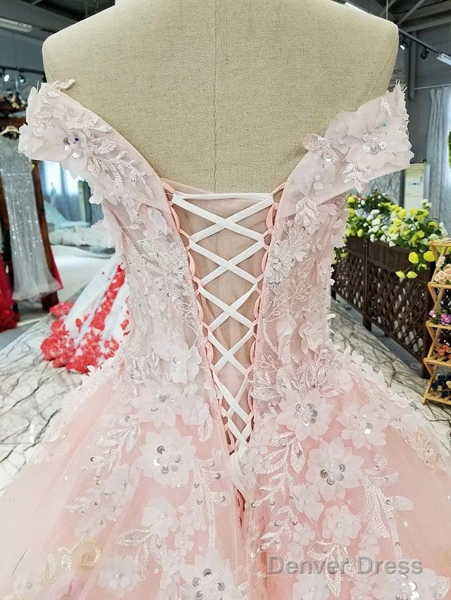 Blush Pink Wedding Dresses Ball Gowns Off Shoulder With 3D Lace Flowers