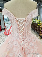 Blush Pink Wedding Dresses Ball Gowns Off Shoulder With 3D Lace Flowers