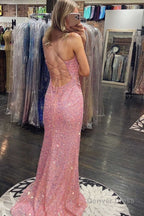 Blush Sequins V Neck Prom Dresses with Slit