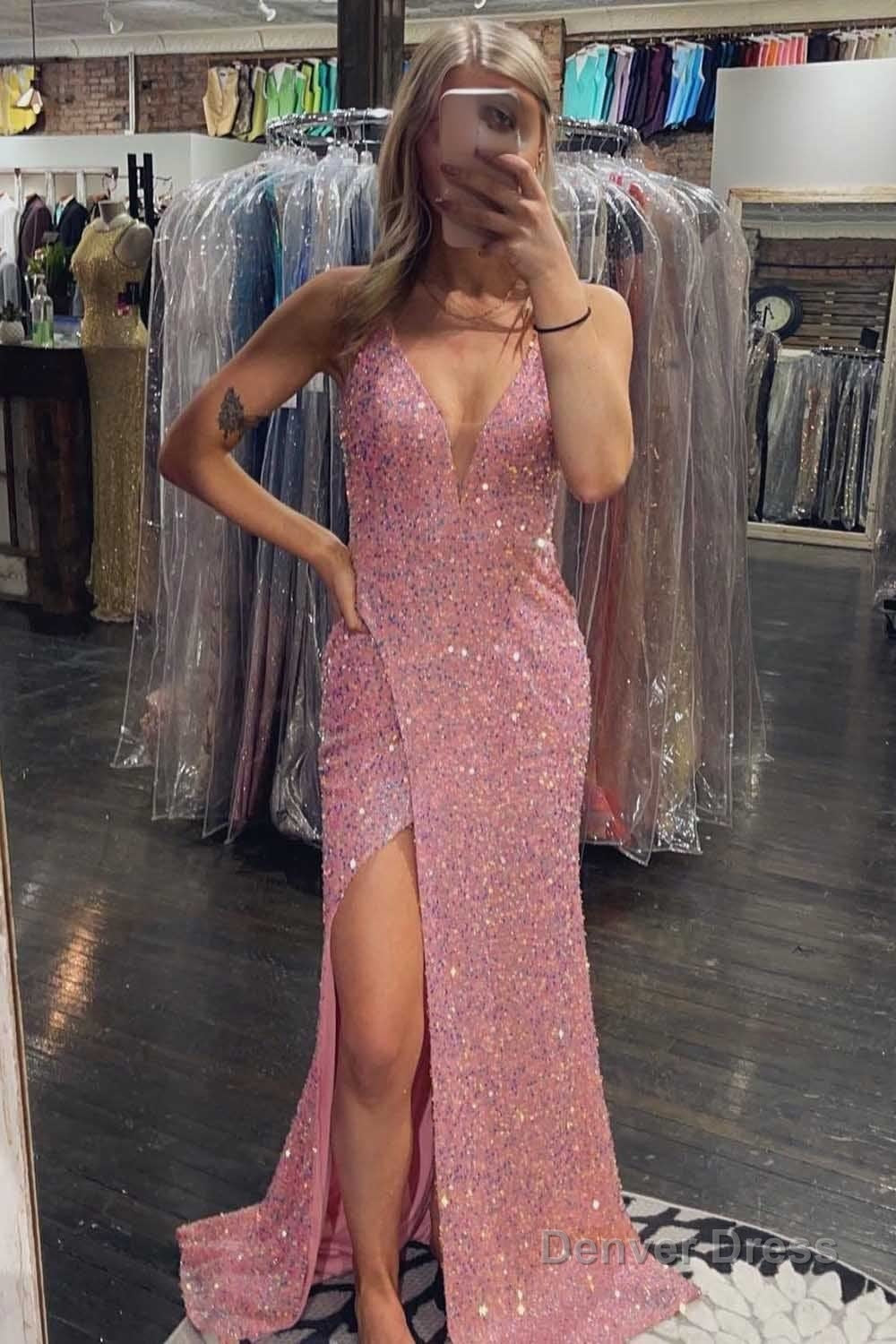 Blush Sequins V-Neck Prom Dress with Slit Main image