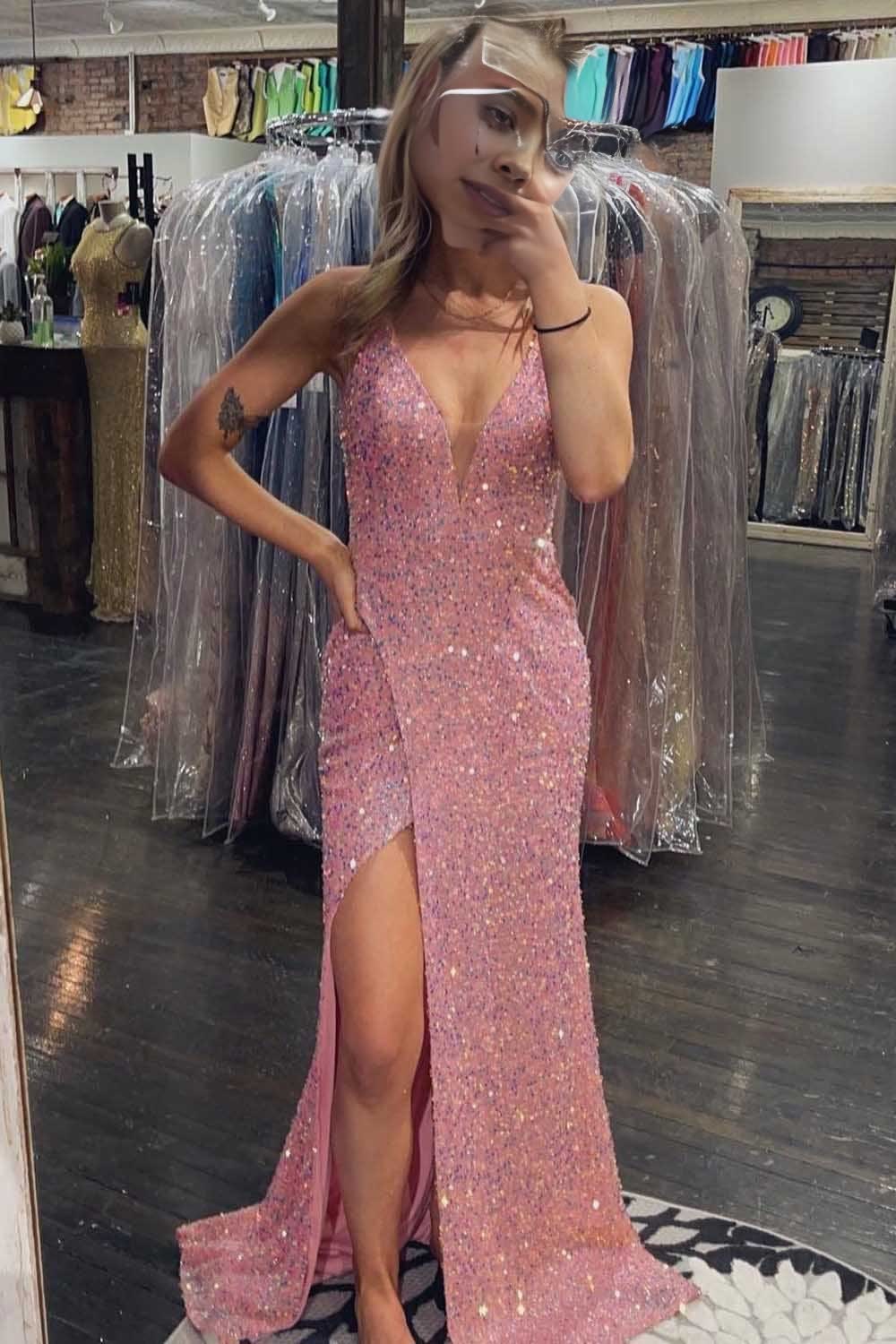 blush sequins v neck prom dress with slit