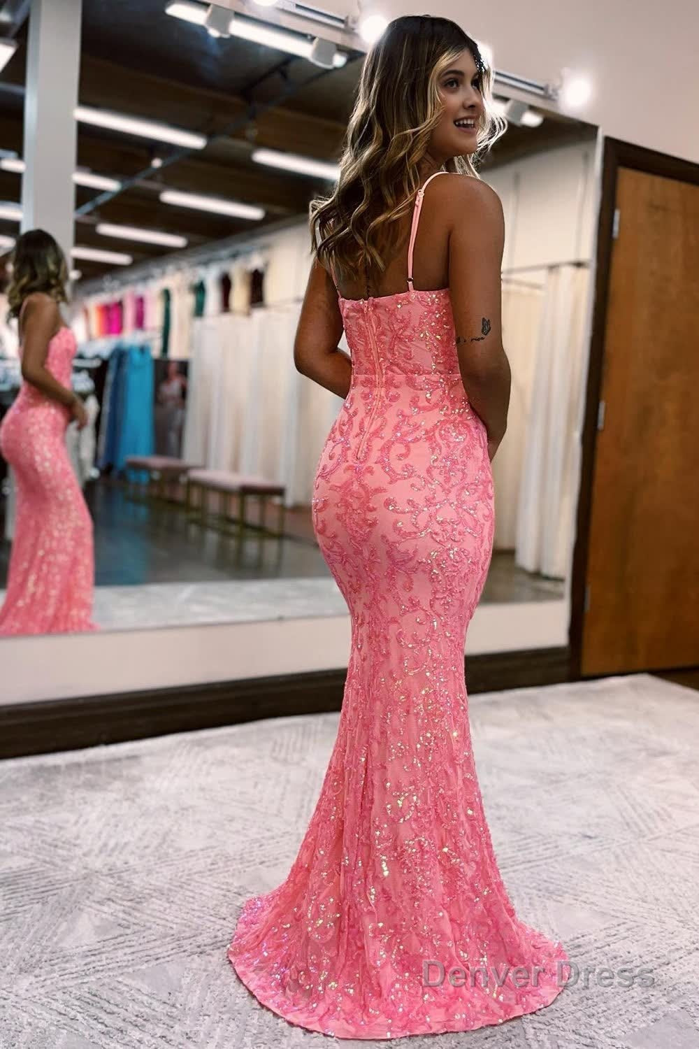 Blush Spaghetti Straps Sequins Mermaid Prom Dresses Secondary image