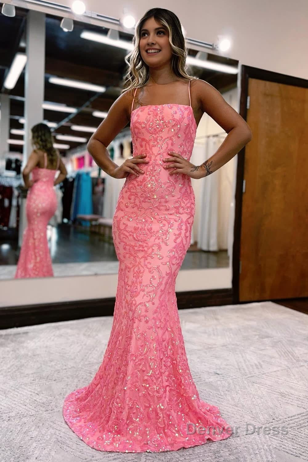 Blush Spaghetti Straps Sequins Mermaid Prom Dresses