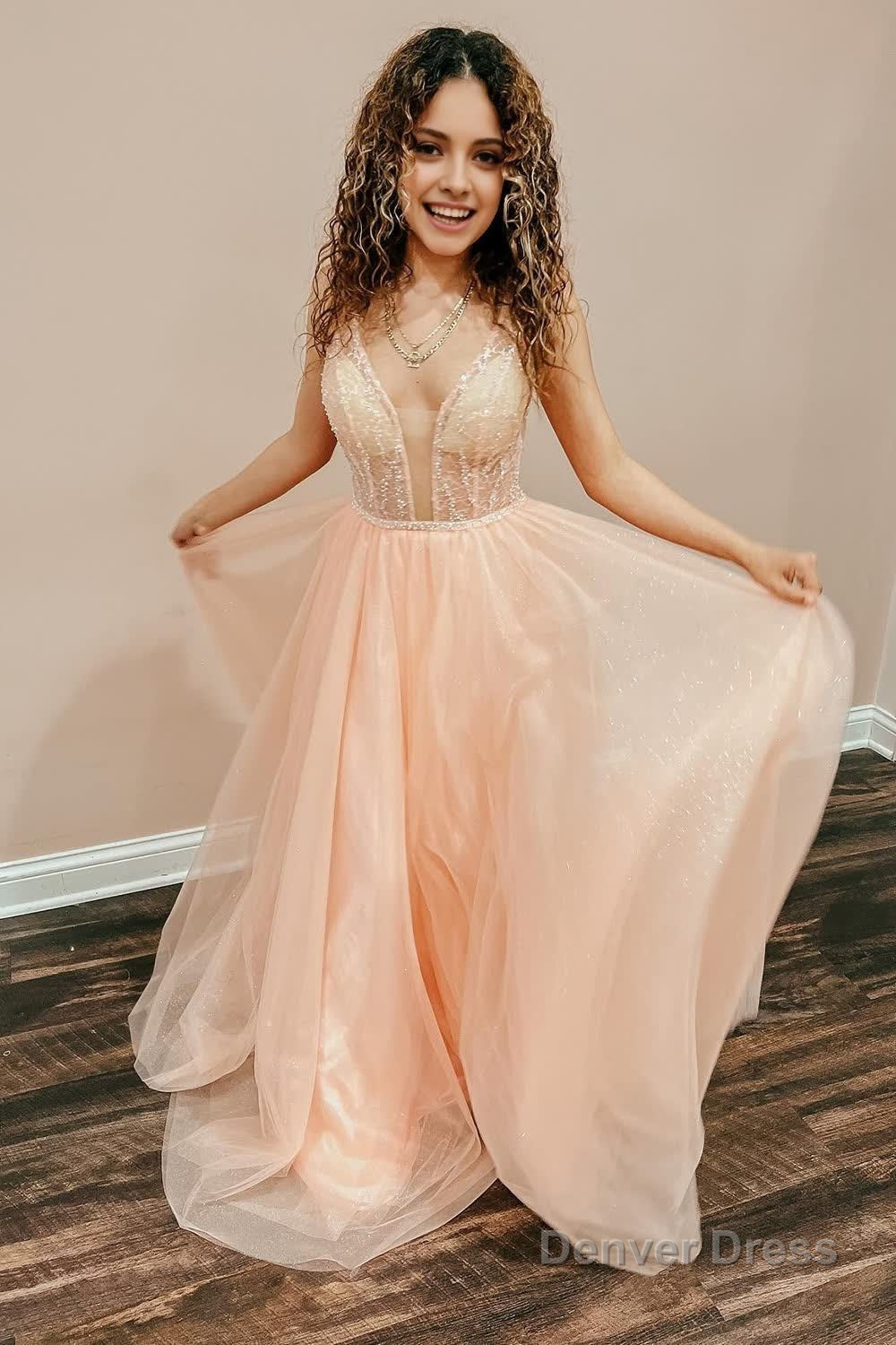 blush v neck sequins prom dress