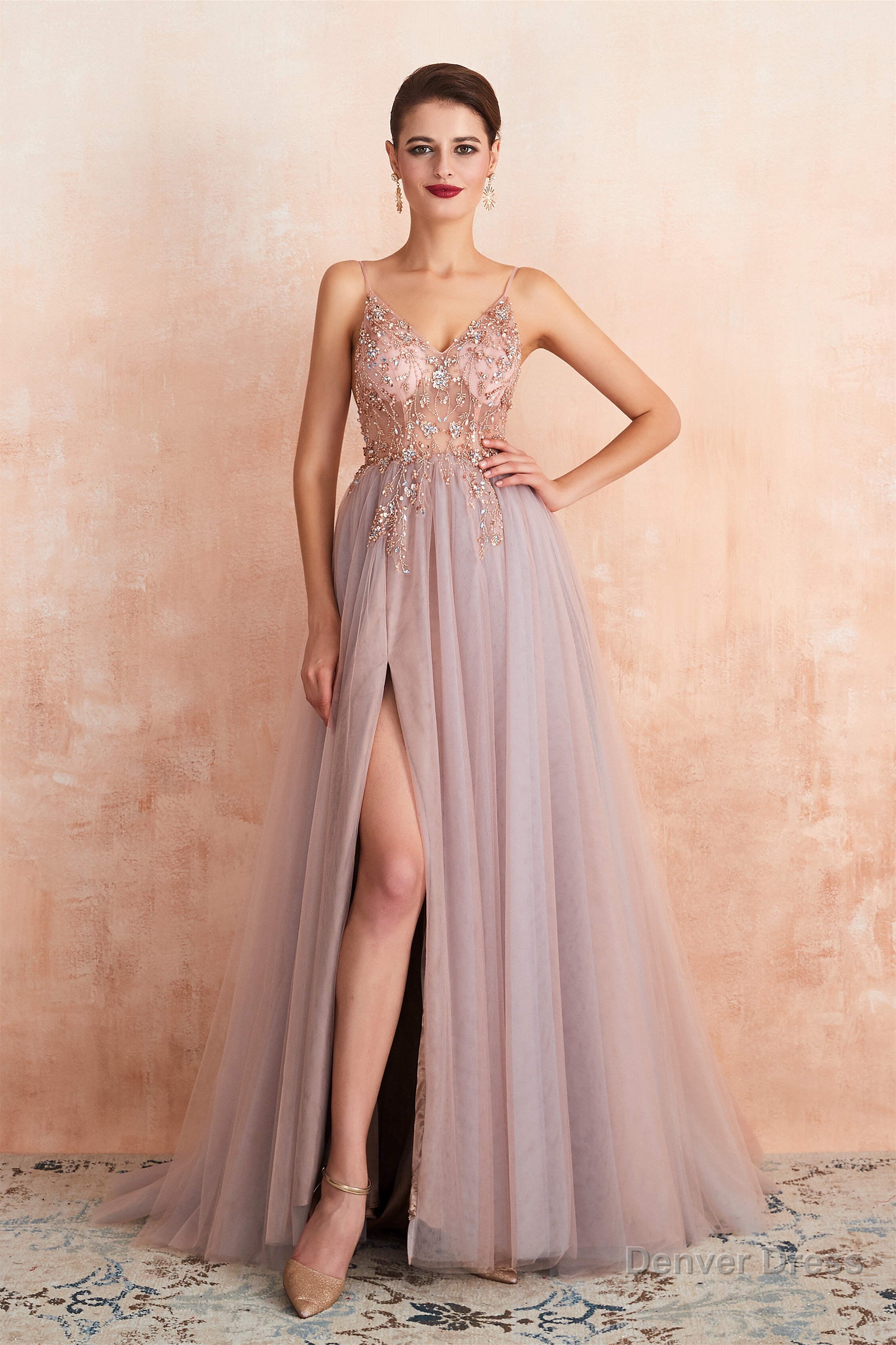 Spaghetti Straps V Neck Sheer Top Tulle Long Prom Dresses with Side Slit