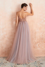 Spaghetti Straps V Neck Sheer Top Tulle Long Prom Dresses with Side Slit