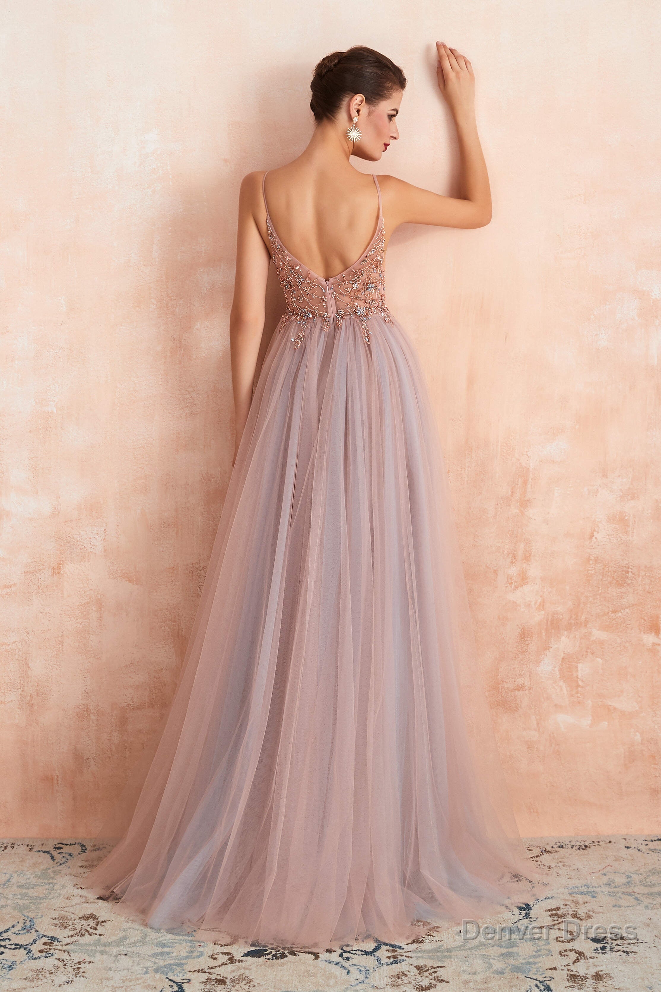 Spaghetti Straps V Neck Sheer Top Tulle Long Prom Dresses with Side Slit